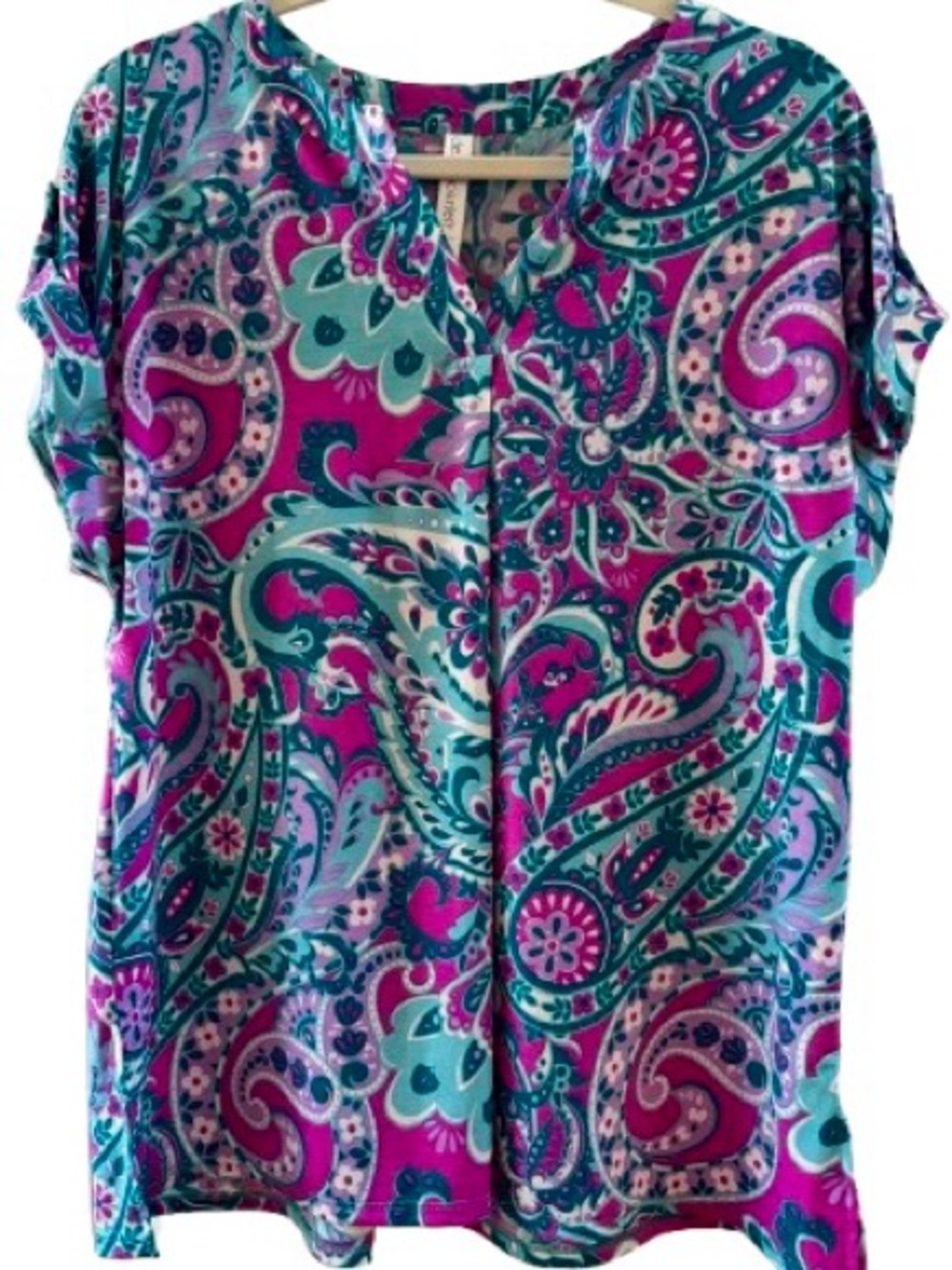 Dear Scarlett NWT Paisley Short Sleeve Blouse Pink Teal Size L